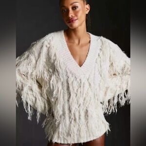 Anthropologie Ivory V Neck Fringe Sweater Pullover Womens Medium
